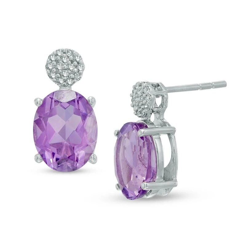 Oval Amethyst And Diamond Accent Drop Earrings In Sterling Silver