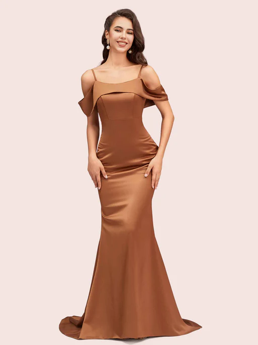 Sexy Mermaid Cold Shoulder Floor Length Long Soft Satin Bridesmaid Dresses Online - Brown