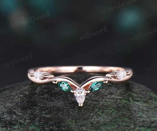 Curved Twisted Emerald Diamond Wedding Band 14k Rose Gold Art Deco Stacking Wedding Ring Band Women Birthstone Anniversary Ring Gift - 10k Yellow Gold/moissanites
