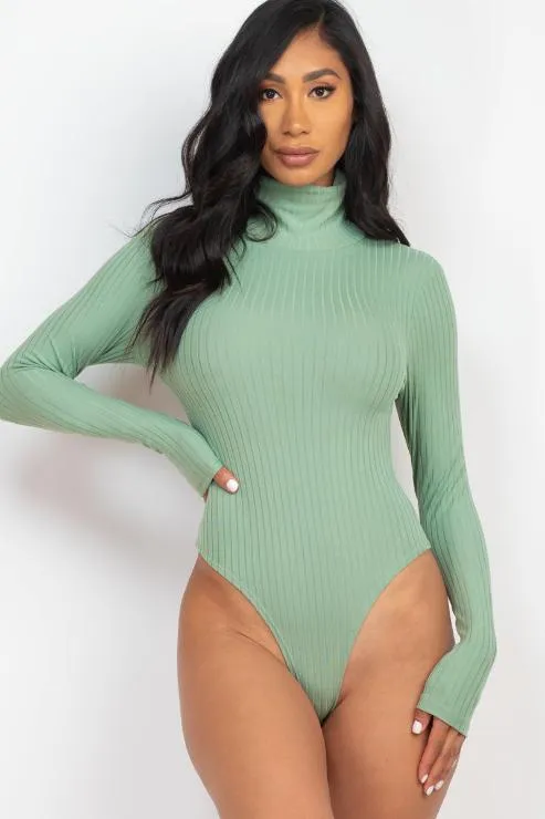 Ribbed Turtle Neck Long Sleeve Bodysuit - Green Bay/s