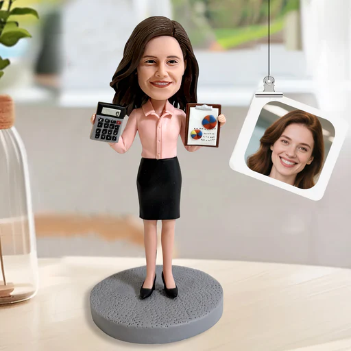 Custom Female Accountant Bobblehead With Calculator & Report