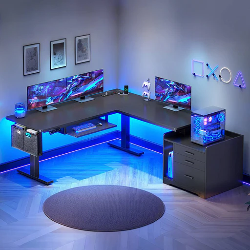Sedeta 63 Inch L Shaped Height Adjustable Electric Standing Desk With Led Lighting And File Cabinet