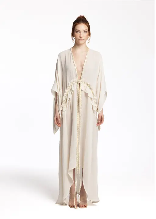 Leora 100% Cotton With Gold Braided Details Maxi Kimono