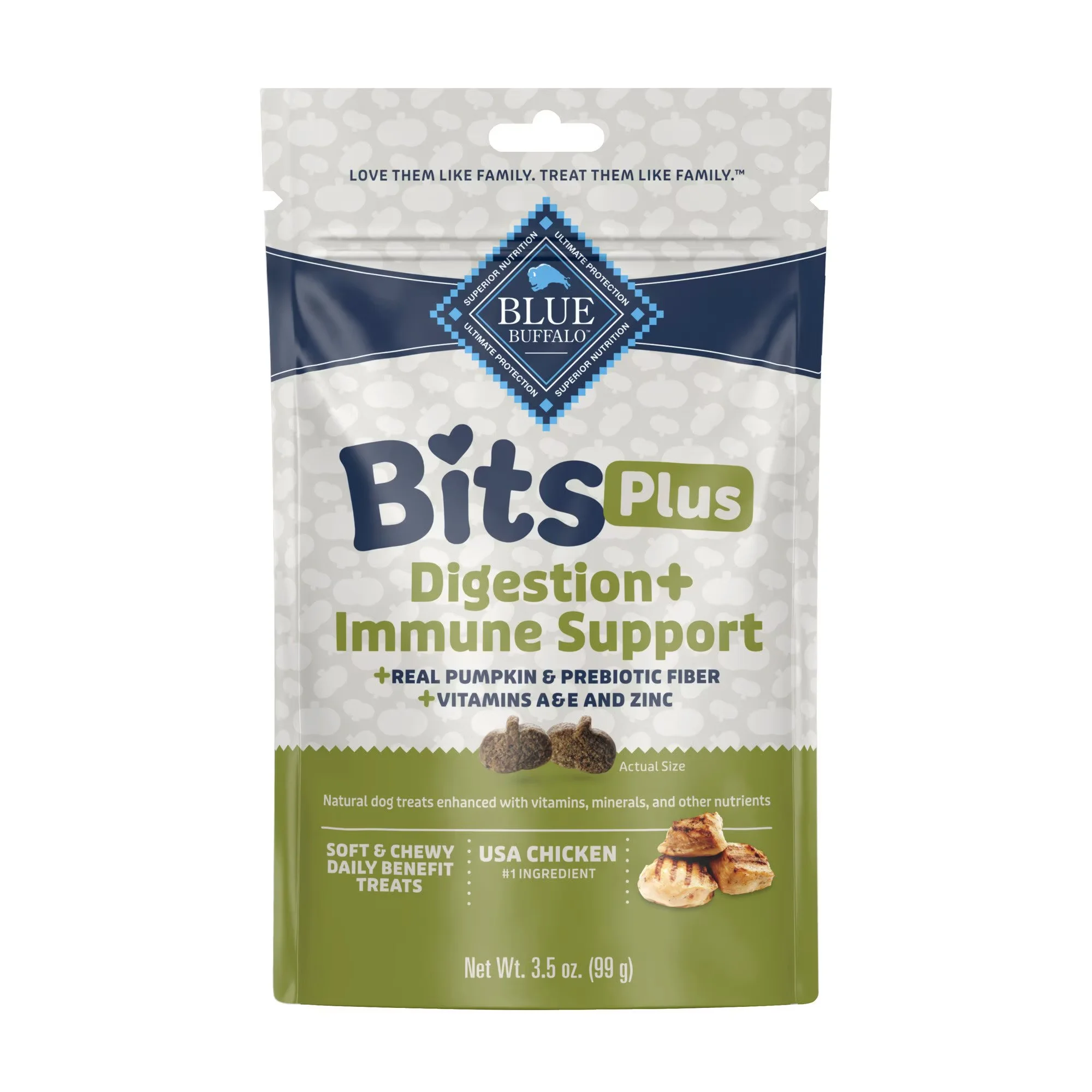 Blue Buffalo Blue Bits Plus Chicken & Pumpkin Flavor Digestion & Immune Support Soft & Chewy Dog Treats, 3.5-oz Bag