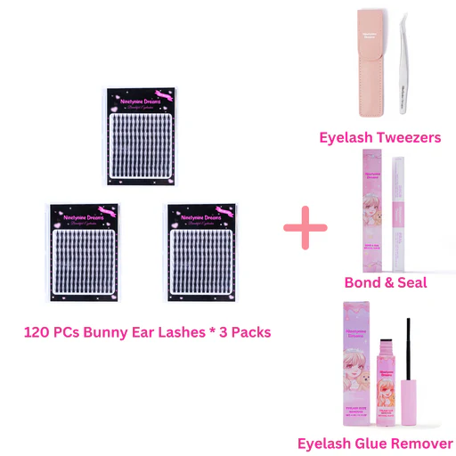 140pcs Bunny Ear Lashes - 3 Packs + Accessories (tweezers + Bond & Seal + Lash Remover)