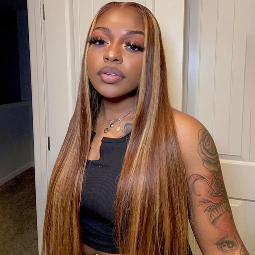 Bleached Knots Ready To Wear Wig | P4/27 Highlight Color Straight Human Hair 5x5 Lace Front Glueless Wigs - 18 Inch/180%