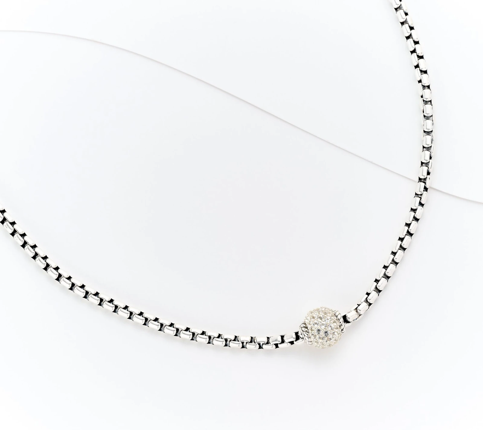 Jai Sterling Silver 3.7mm Box Chain Pave Bead Necklace