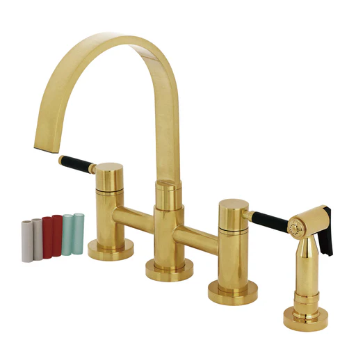 Kaiser Ks8267dklbs Two-handle 4-hole Deck Mount Bridge Kitchen Faucet With Brass Sprayer, Brushed Brass