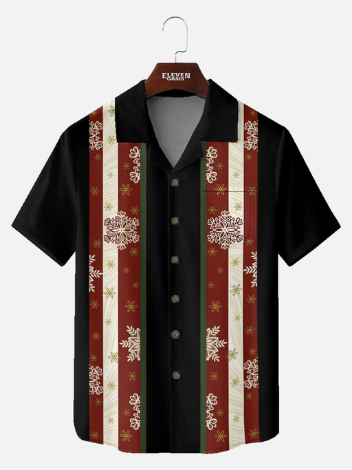 Tall Men's Festive Snowflake Stripe Christmas Short Sleeve Shirt - Red/lightweight/6xl