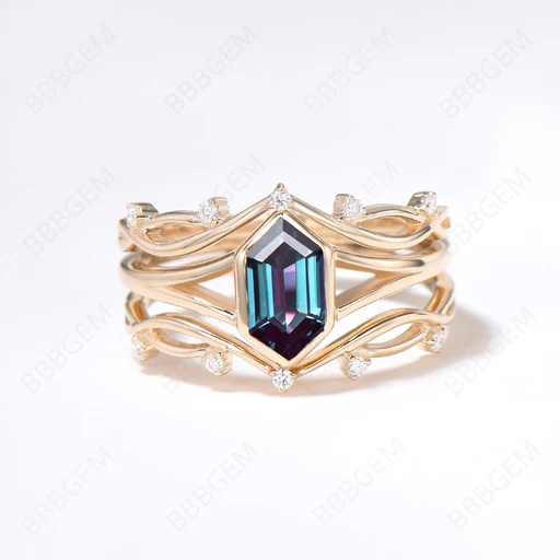 Long Hexagon Cut Alexandrite Engagement Ring Set Split Shank Alexandrite Wedding Ring 14k Solid Gold 3pcs Diamond Bridal Set Anniversary Gift - 1pc Main Ring/platium
